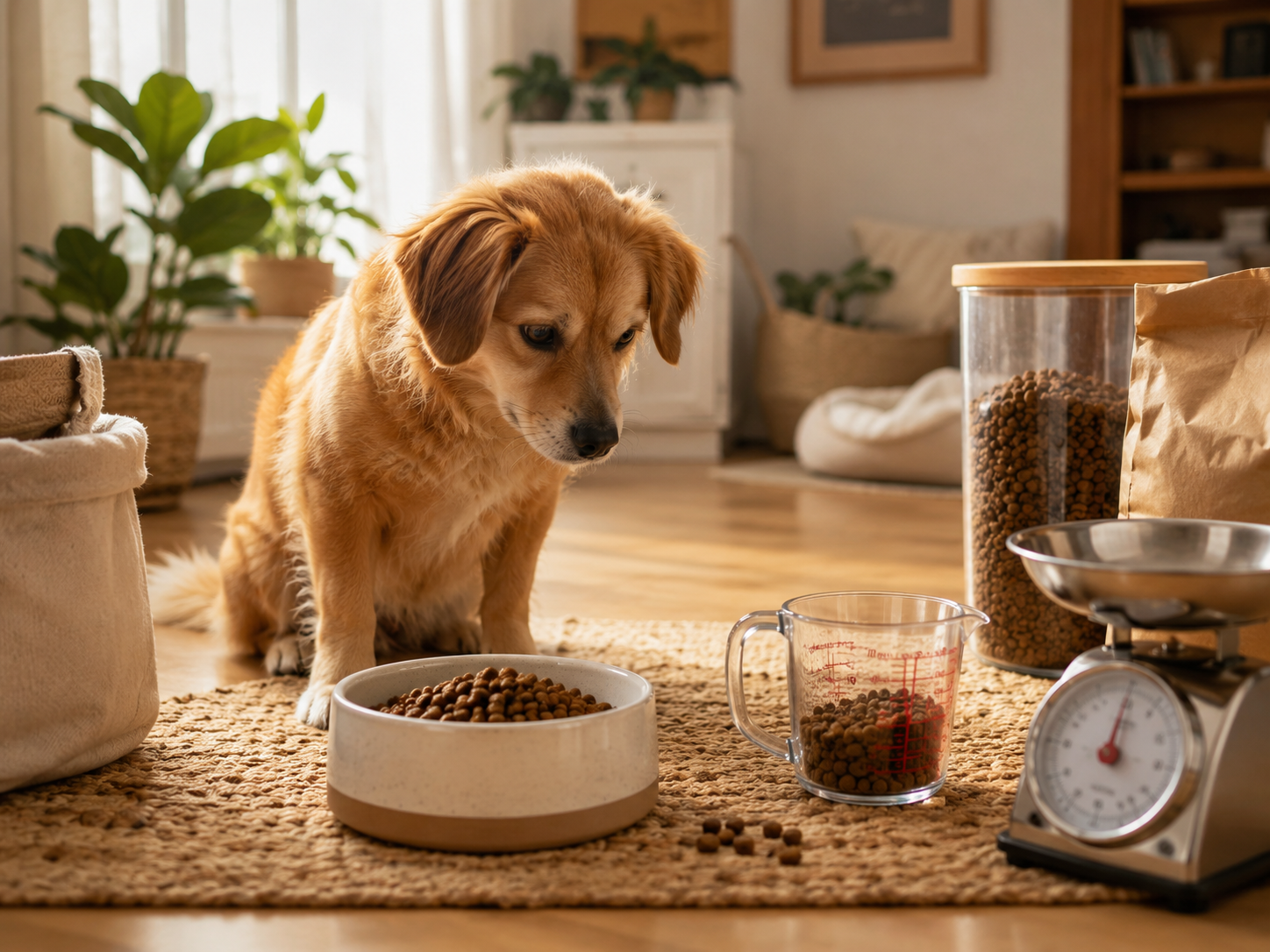 A dog sitting beside a food bowl with a measuring cup, kitchen scale, and pet food container nearby